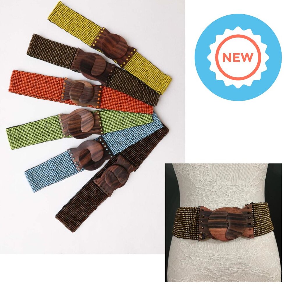 NEW Boho India Glass Beaded Boho Style Stretch Belt Wooden Puzzle Style Buckle